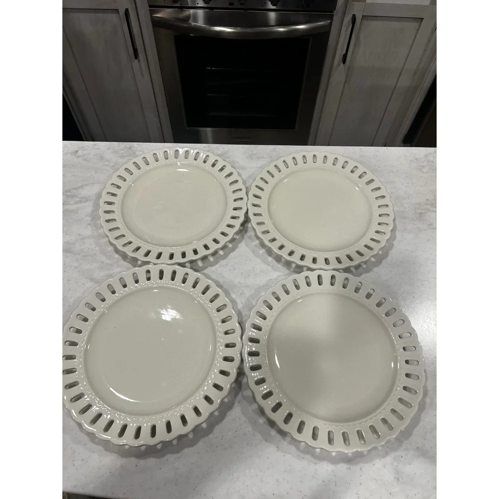4 Portmeirion Studio Valerie White Dinner Plates Reticulated Rim Lace Lattice
